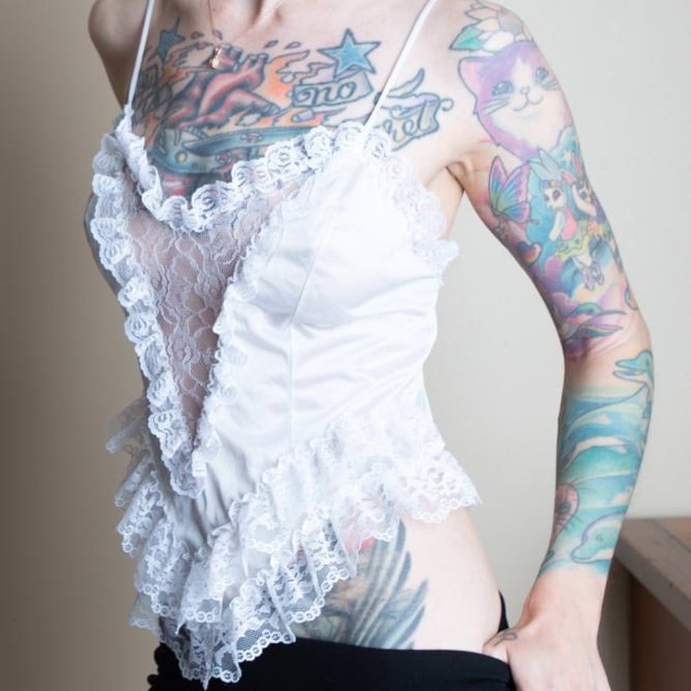 White Lace ruffle bohemian romantic tank cami S